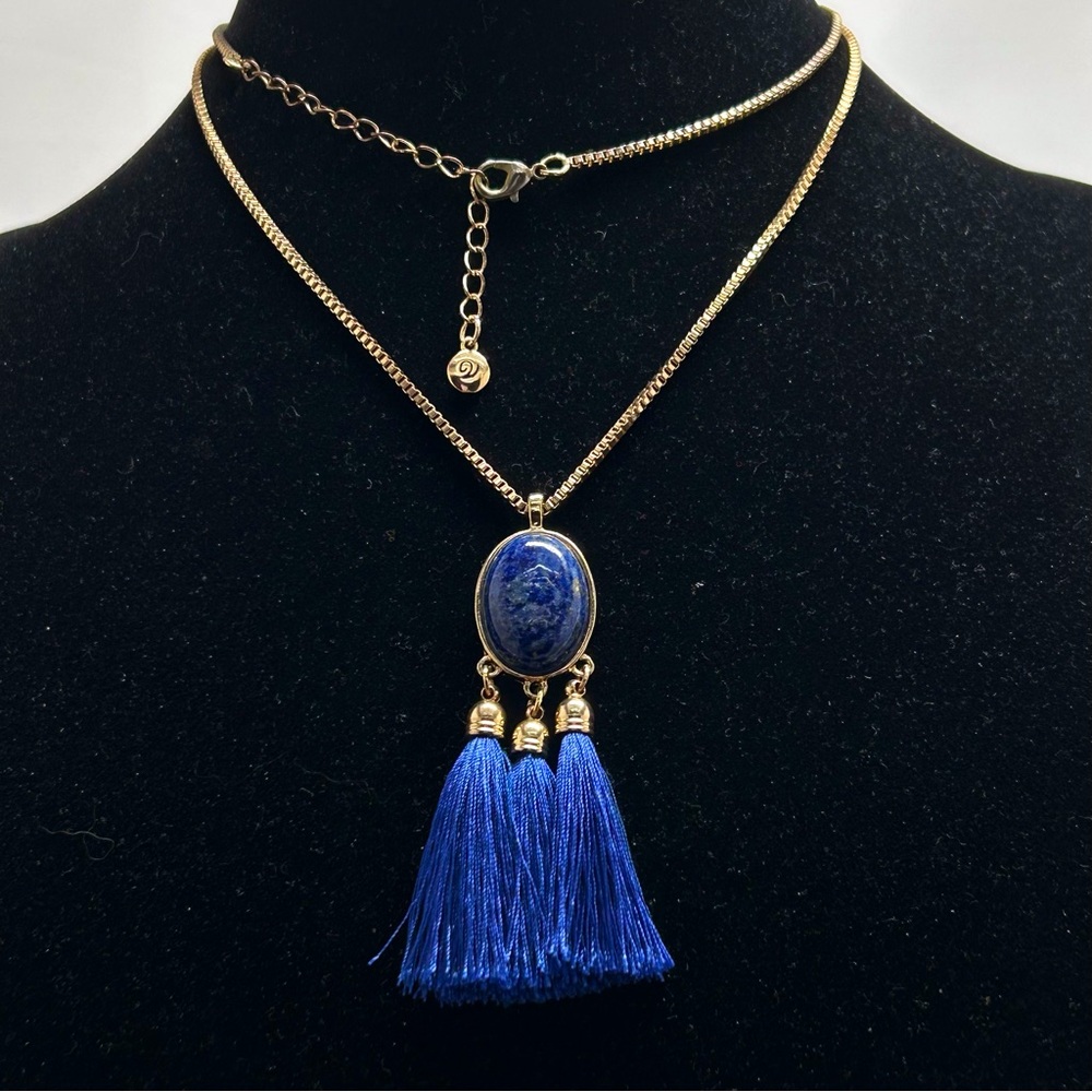 Vida, Long Gold Necklace With Polished Blue Lapis And Tassels Pendant